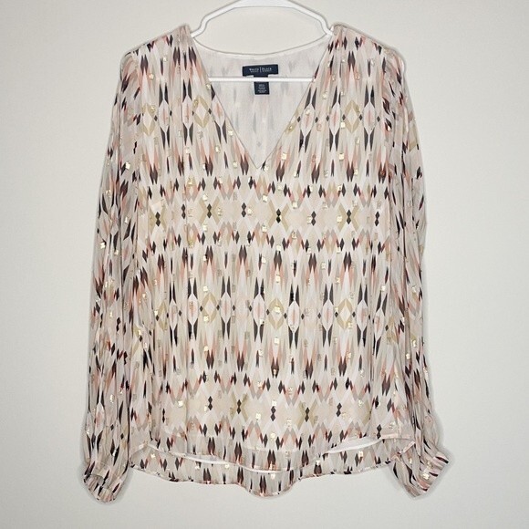 White House Black Market Pastel Print Split Sleeve Gold Threads Lined Top Size 8 - Picture 4 of 12